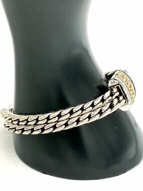 Vintage Silver Plated Two-Tone Woven Wheat Chain Bracelet Gold Bead Clasp 9”